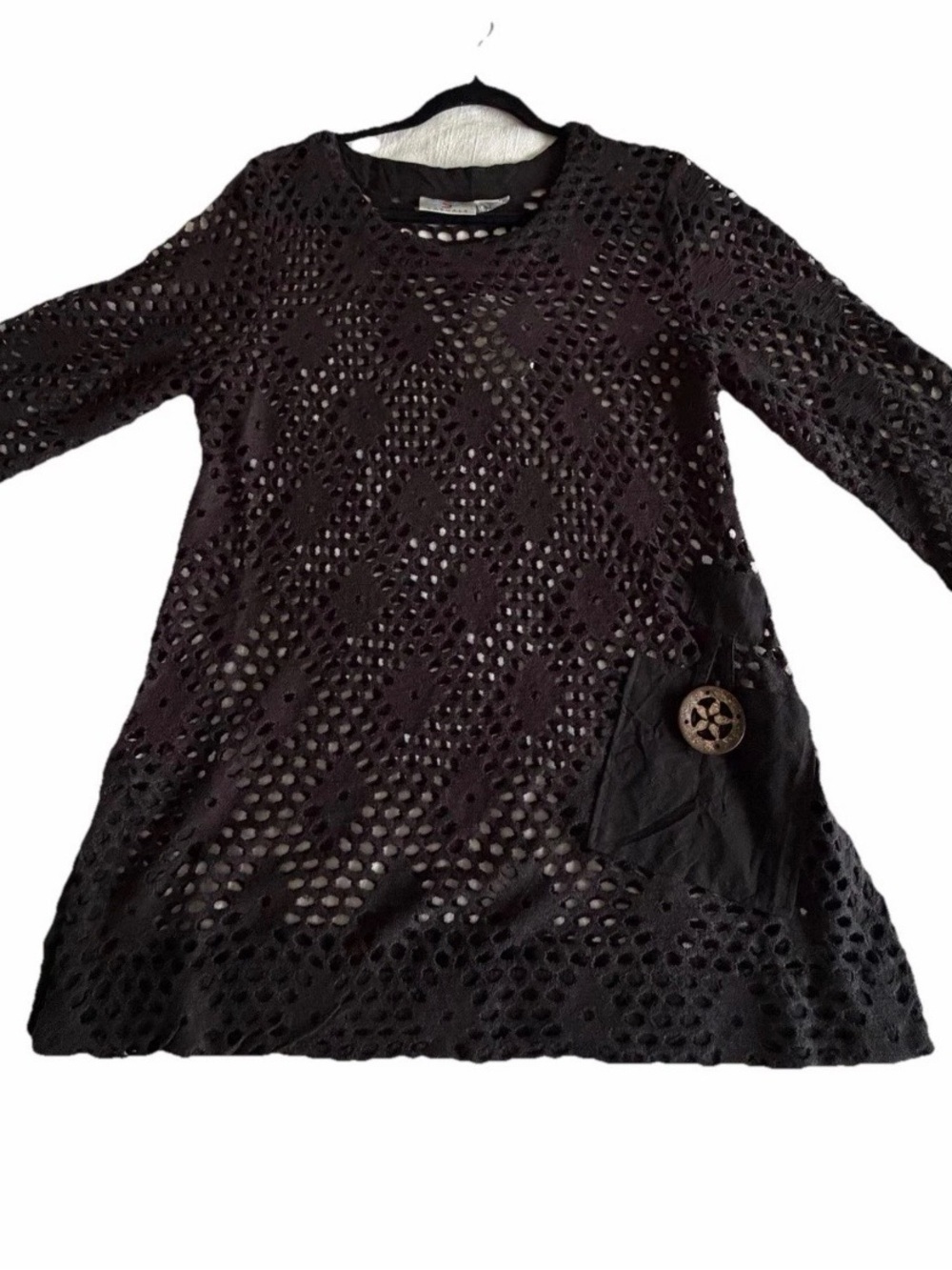 OSO Casuals Sweater Tunic Womens S Crochet Open Knit Faux Pocket Boho Festival
